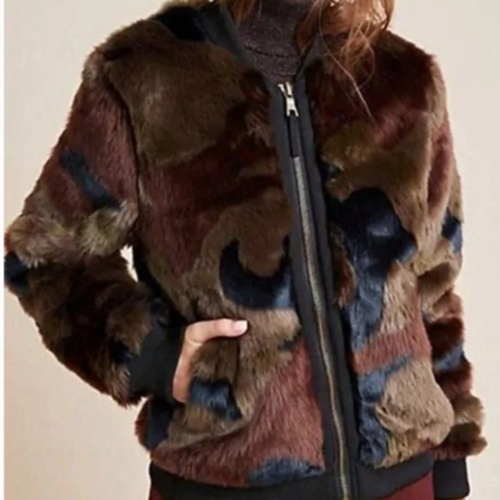 Anthropologie Marrakech Alyssa Green Camo Faux Fur Bomber Jacket